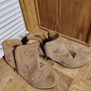 Embroidered Tan Suede Ankle Boots